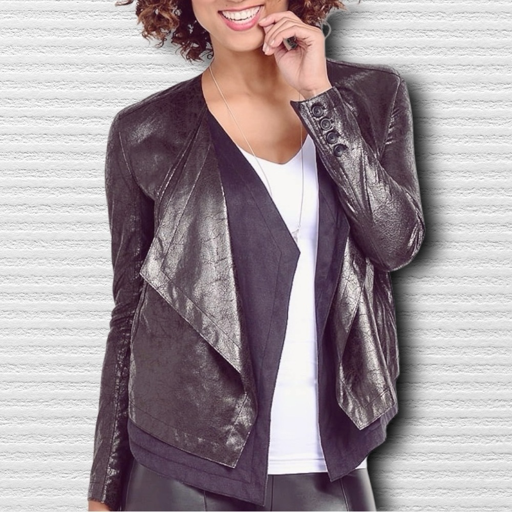 Lysse Black ‘Origami’ 2 Layer Lapel Open Front Vegan Leather Jacket Size XS